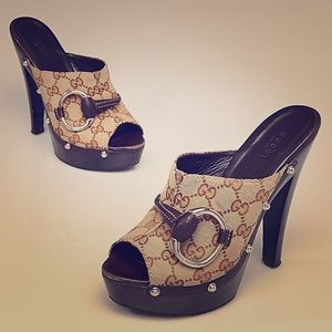 Gucci Beige/Ebony GG Canvas Horsebit Wood Mules